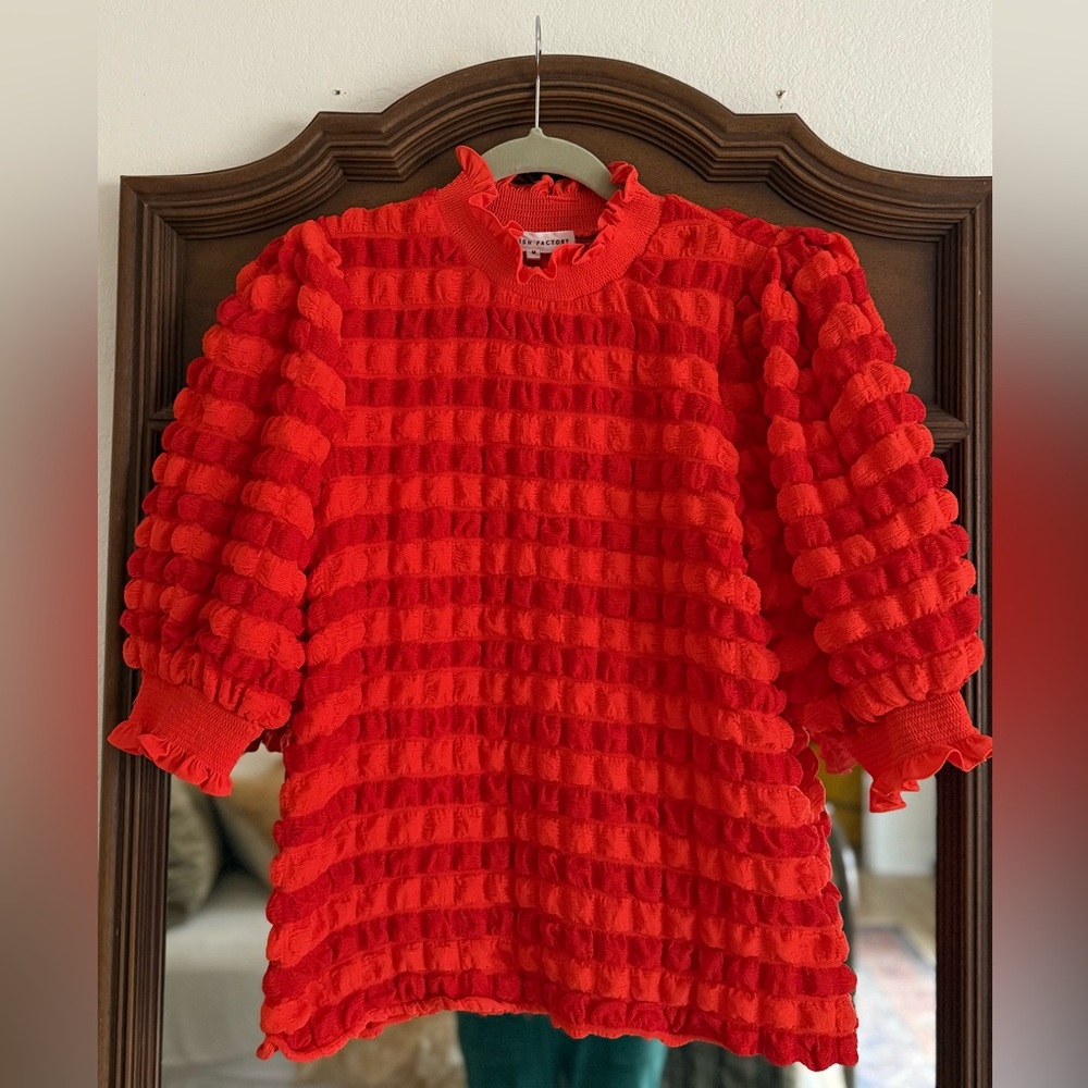 Anthropologie Red Textured Blouse with Puff Sleeves